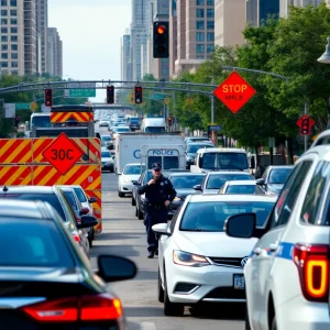 Traffic scene in Kansas City with police presence and construction signs