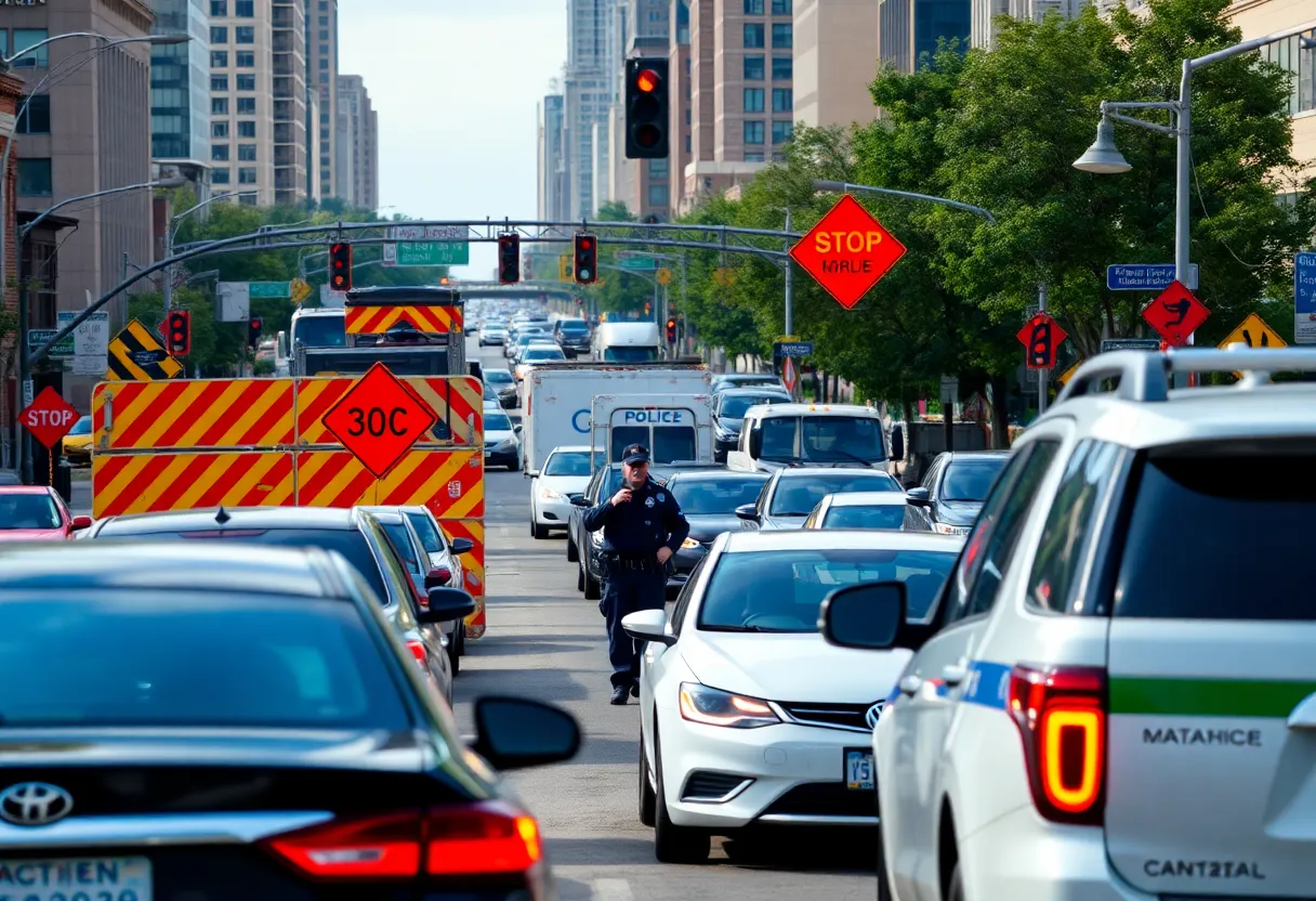 Traffic scene in Kansas City with police presence and construction signs