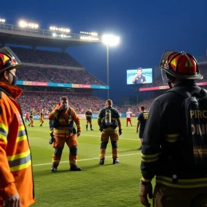 Scene at a soccer match involving firefighters