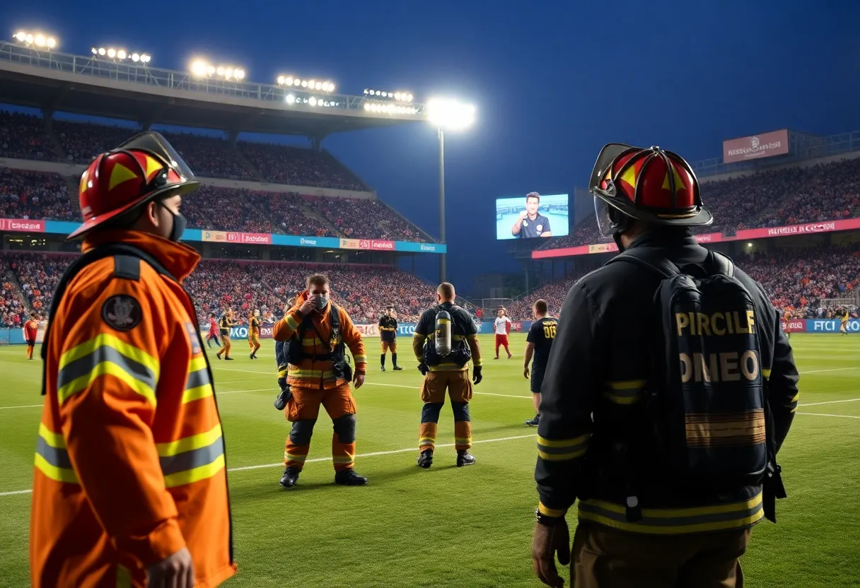 Scene at a soccer match involving firefighters