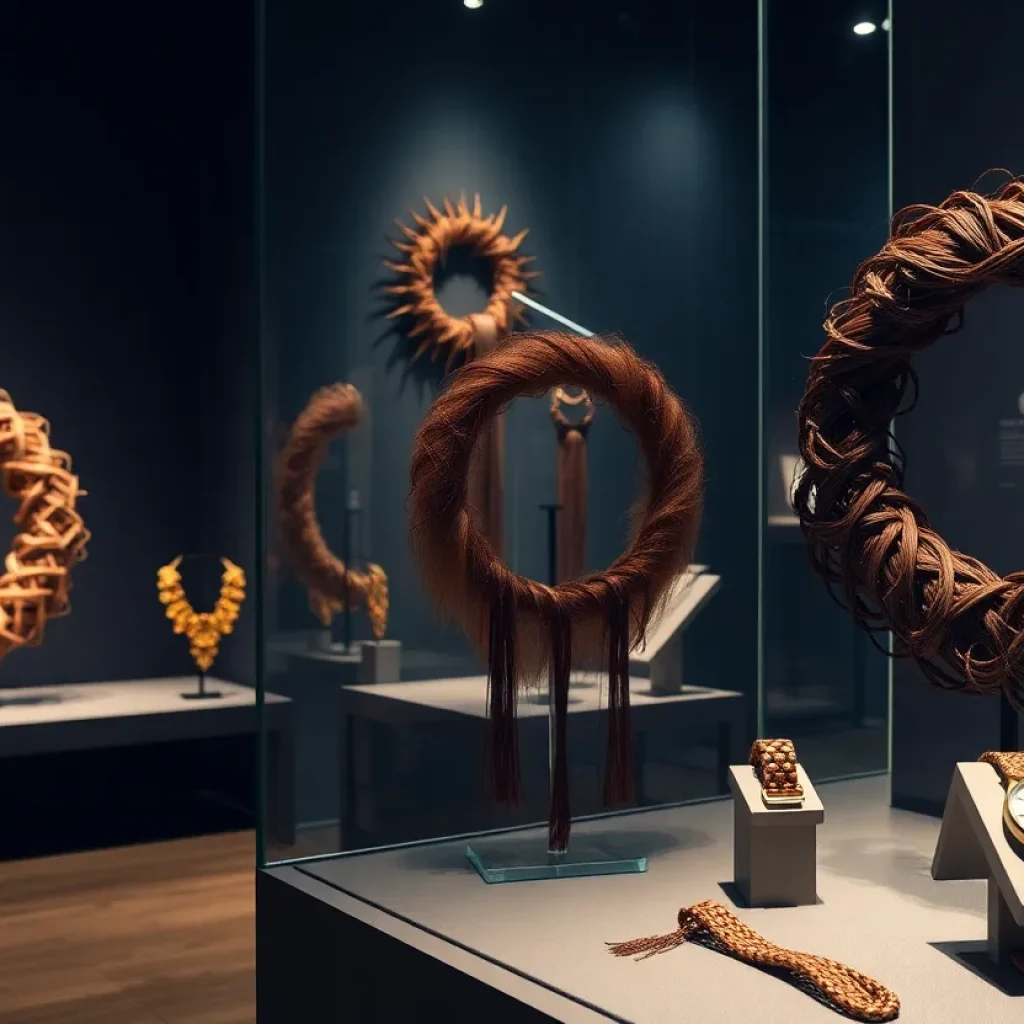 Display of hair art pieces at Leila's Hair Museum