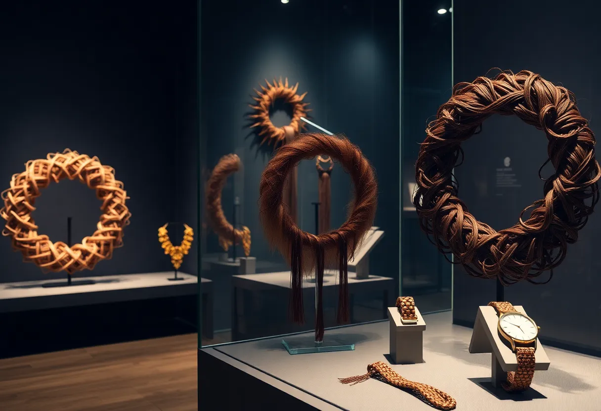 Display of hair art pieces at Leila's Hair Museum