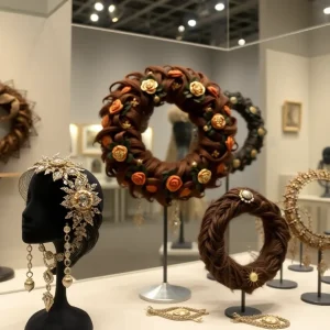 Display of hair art and Victorian jewelry from Leila's Hair Museum