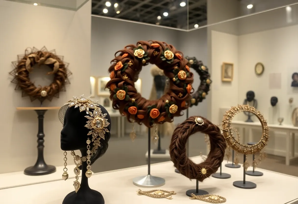 Display of hair art and Victorian jewelry from Leila's Hair Museum