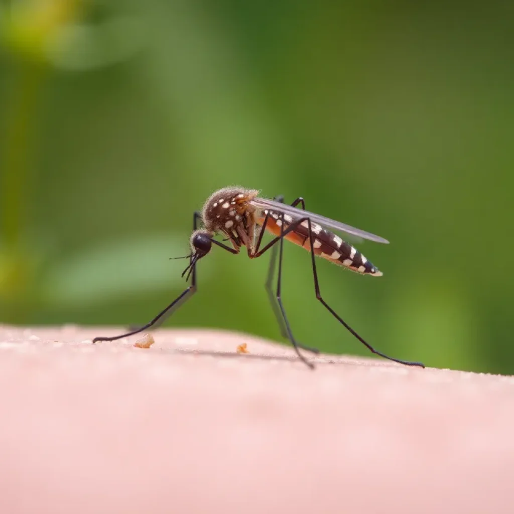 Close-up of a mosquito in a natural landscape, symbolizing health risks.