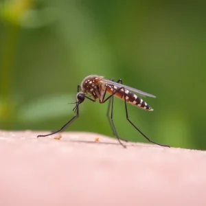 Close-up of a mosquito in a natural landscape, symbolizing health risks.