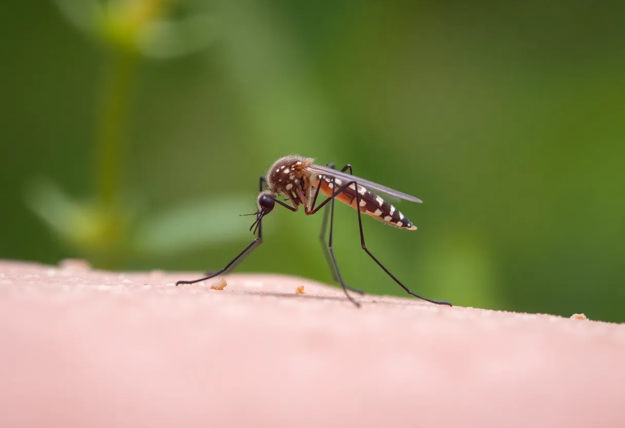Close-up of a mosquito in a natural landscape, symbolizing health risks.