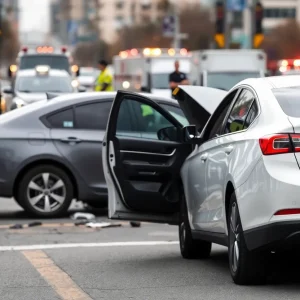 Scene of a collision between a gray Toyota Matrix and a white Ford Fusion in North Kansas City