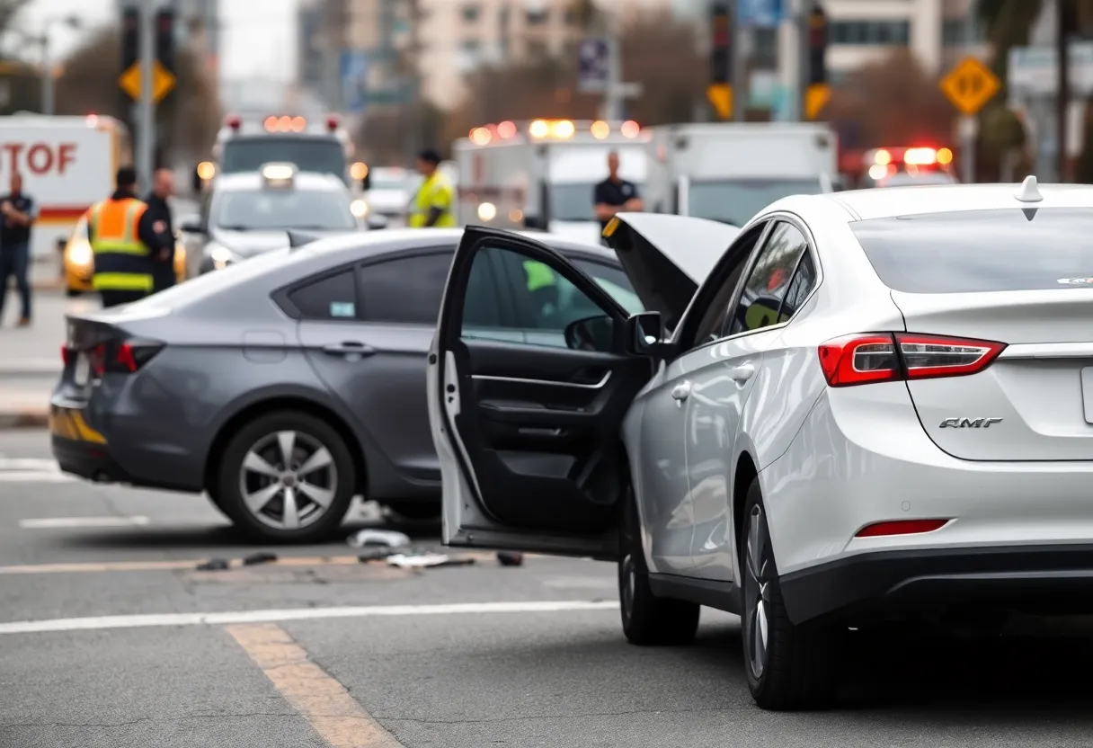 Scene of a collision between a gray Toyota Matrix and a white Ford Fusion in North Kansas City
