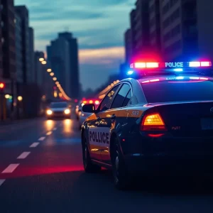 A police car with flashing lights at dusk