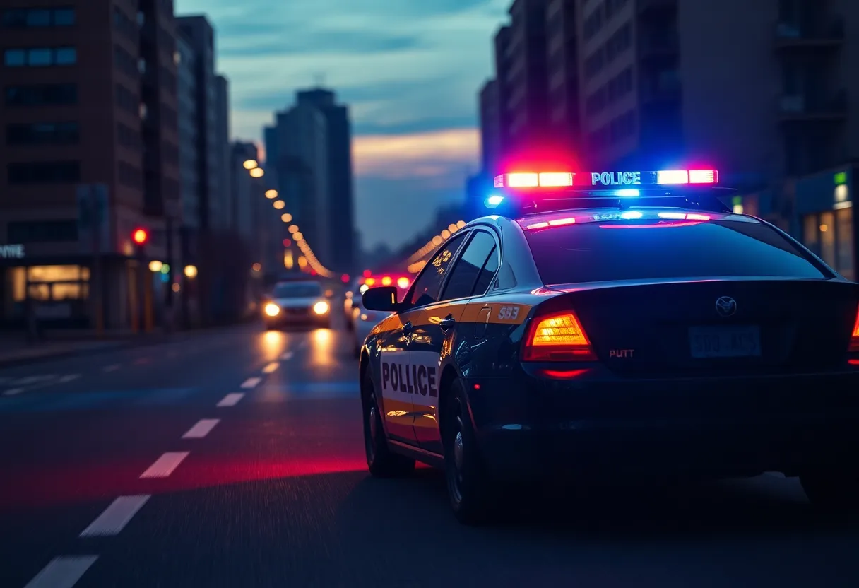 A police car with flashing lights at dusk