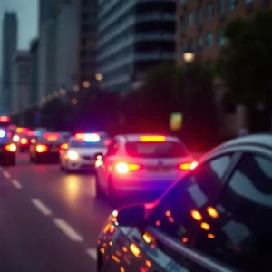 Police vehicles in pursuit with flashing lights in an urban environment.