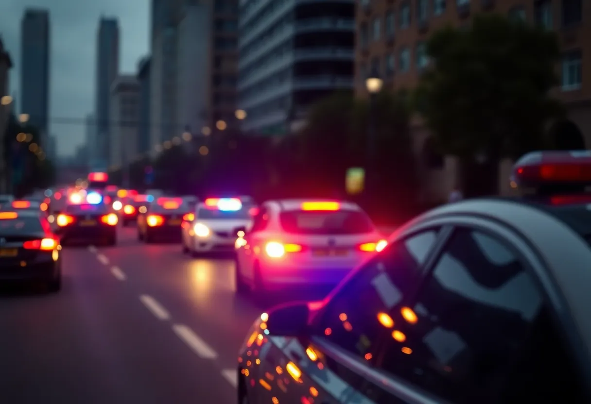 Police vehicles in pursuit with flashing lights in an urban environment.