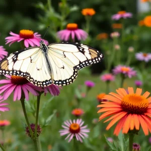 White monarch butterfly nectaring on a New England aster