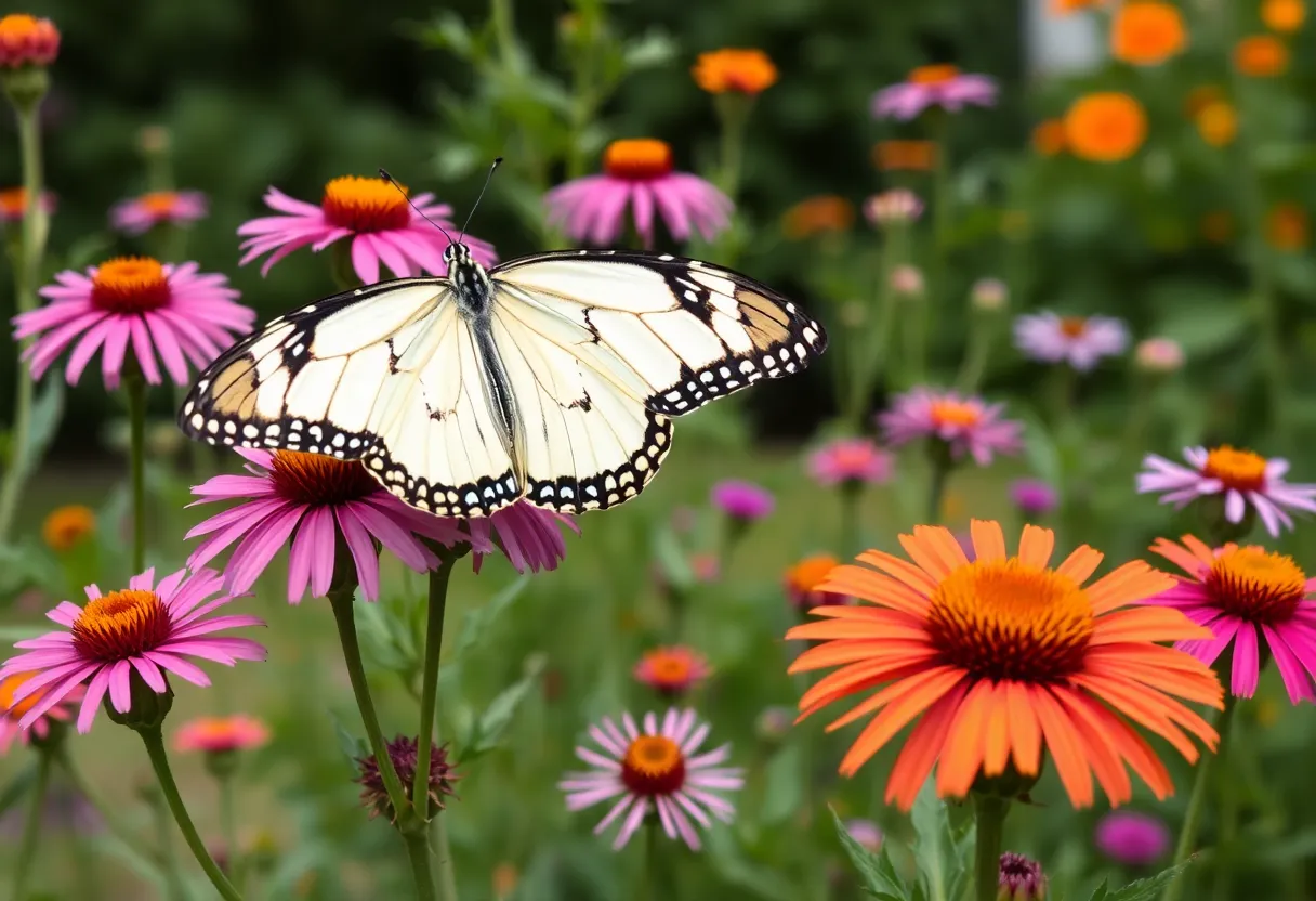 White monarch butterfly nectaring on a New England aster