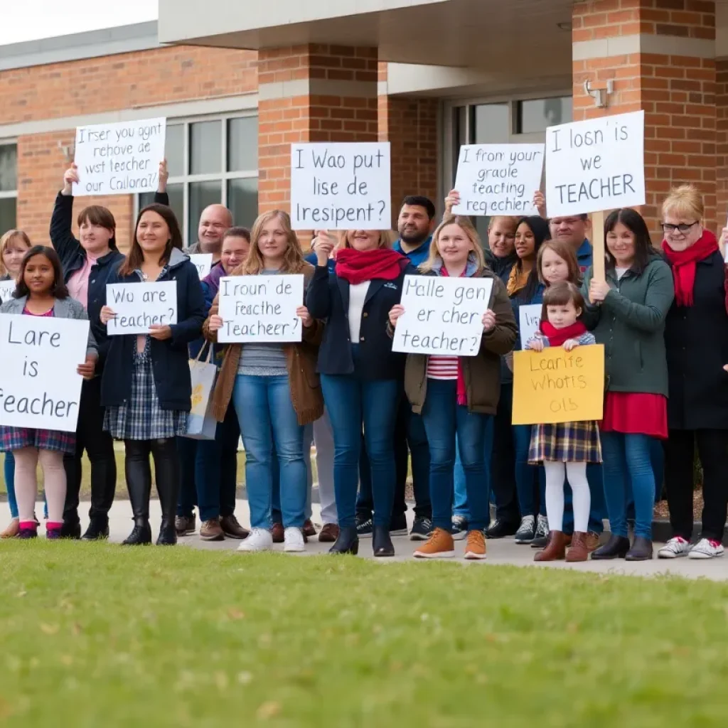 Parents and students supporting a teacher outside a school