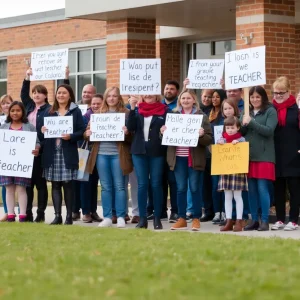 Parents and students supporting a teacher outside a school