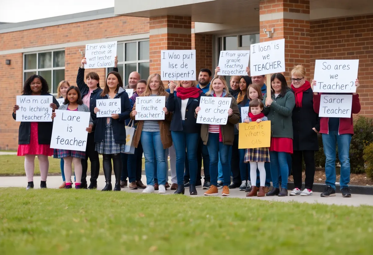 Parents and students supporting a teacher outside a school