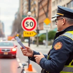 Kansas City police officer issuing a traffic ticket in a school zone.