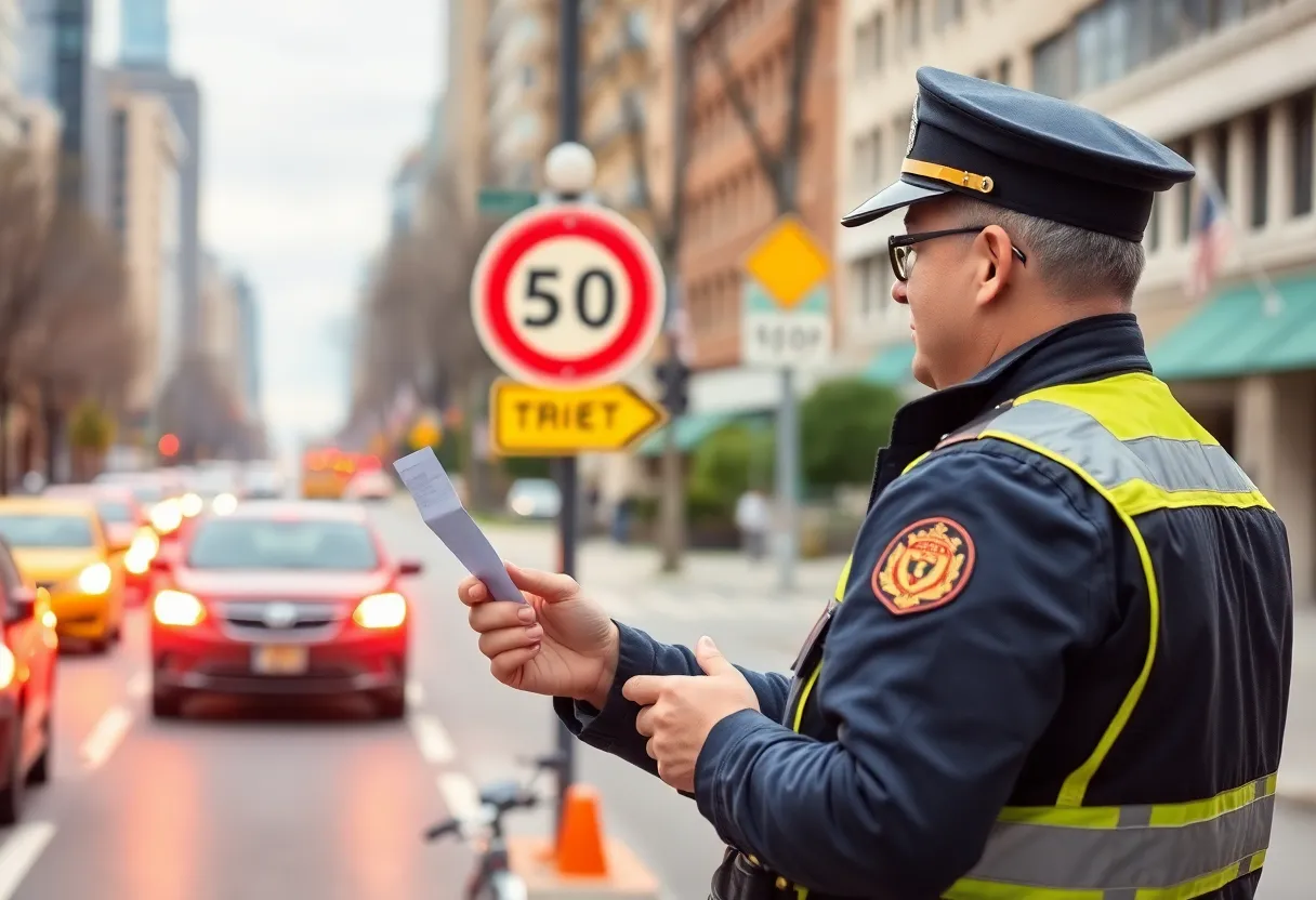 Kansas City police officer issuing a traffic ticket in a school zone.