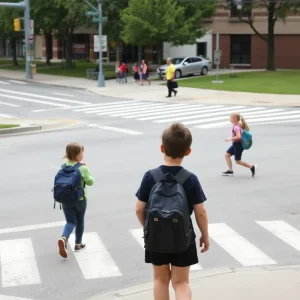 Busy intersection near a school with a marked crosswalk