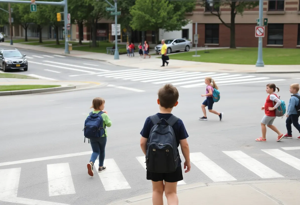 Busy intersection near a school with a marked crosswalk