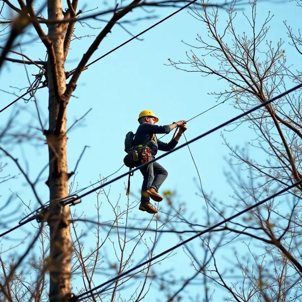 Tree trimmer working near power lines