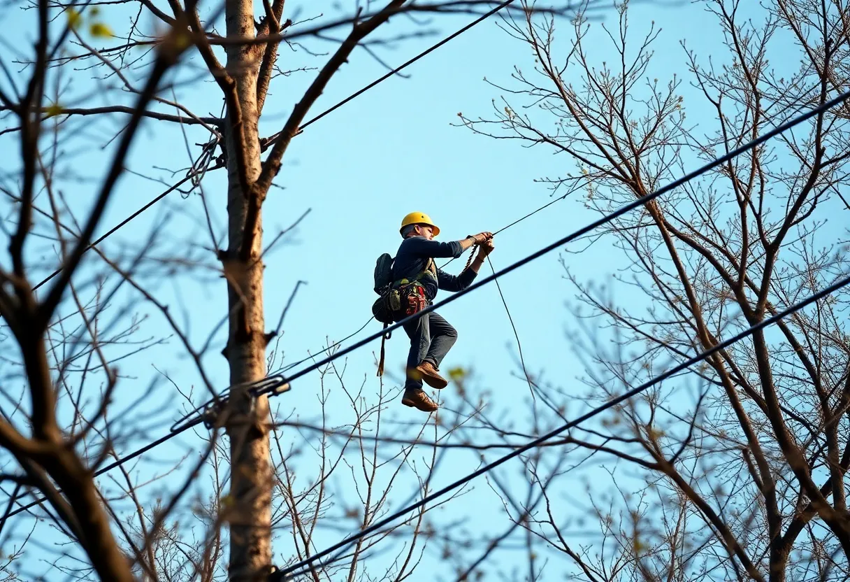 Tree trimmer working near power lines