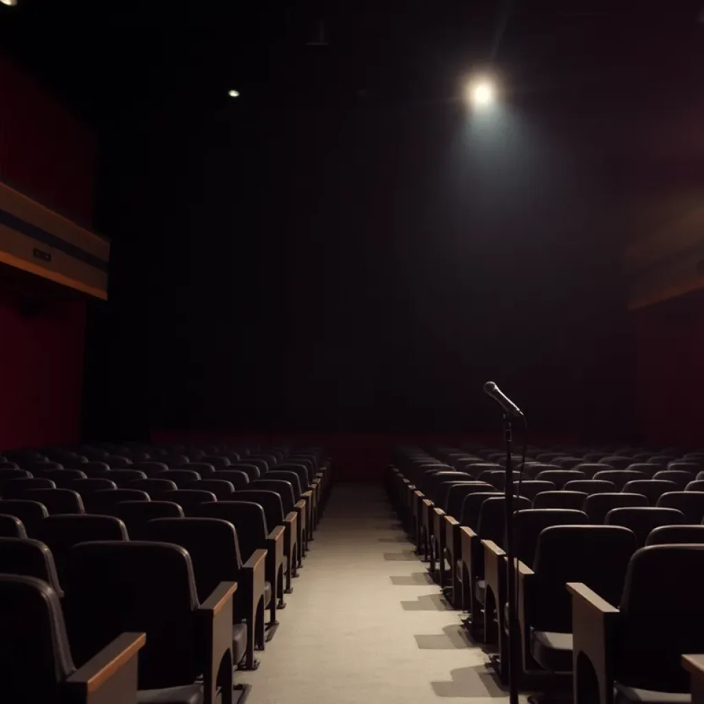 A theater stage dedicated to the memory of Louise ImMasche with an empty spotlight.