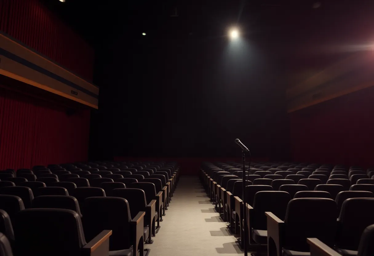 A theater stage dedicated to the memory of Louise ImMasche with an empty spotlight.