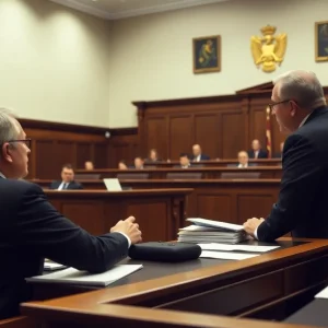 A courtroom with legal professionals discussing case details.