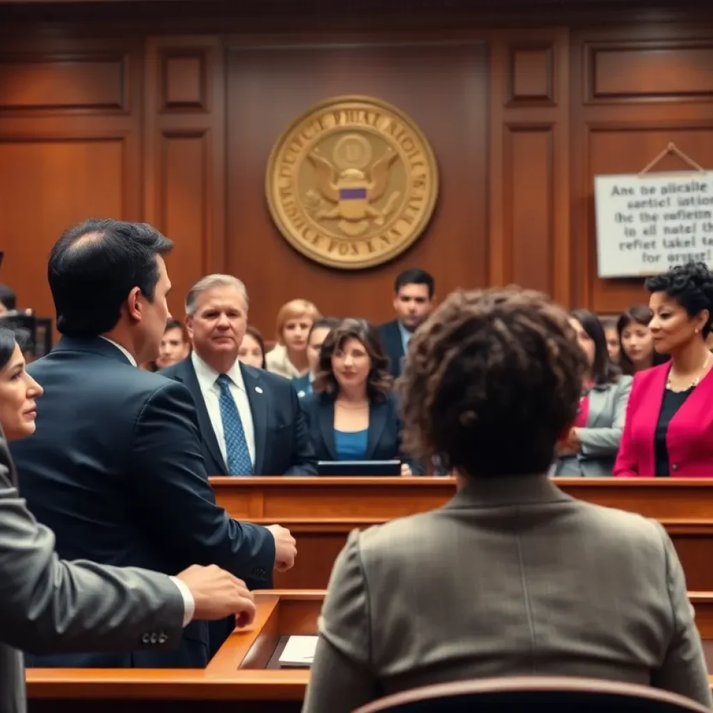 Court trial concerning abortion access with audience engaged in the proceedings.