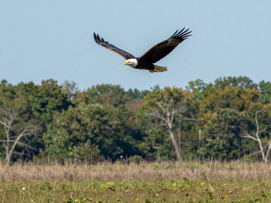 Bald eagles flying over wetlands in Missouri