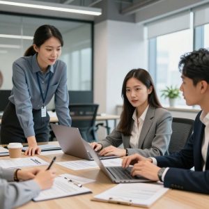 Team members at BARR Advisory discussing compliance strategies