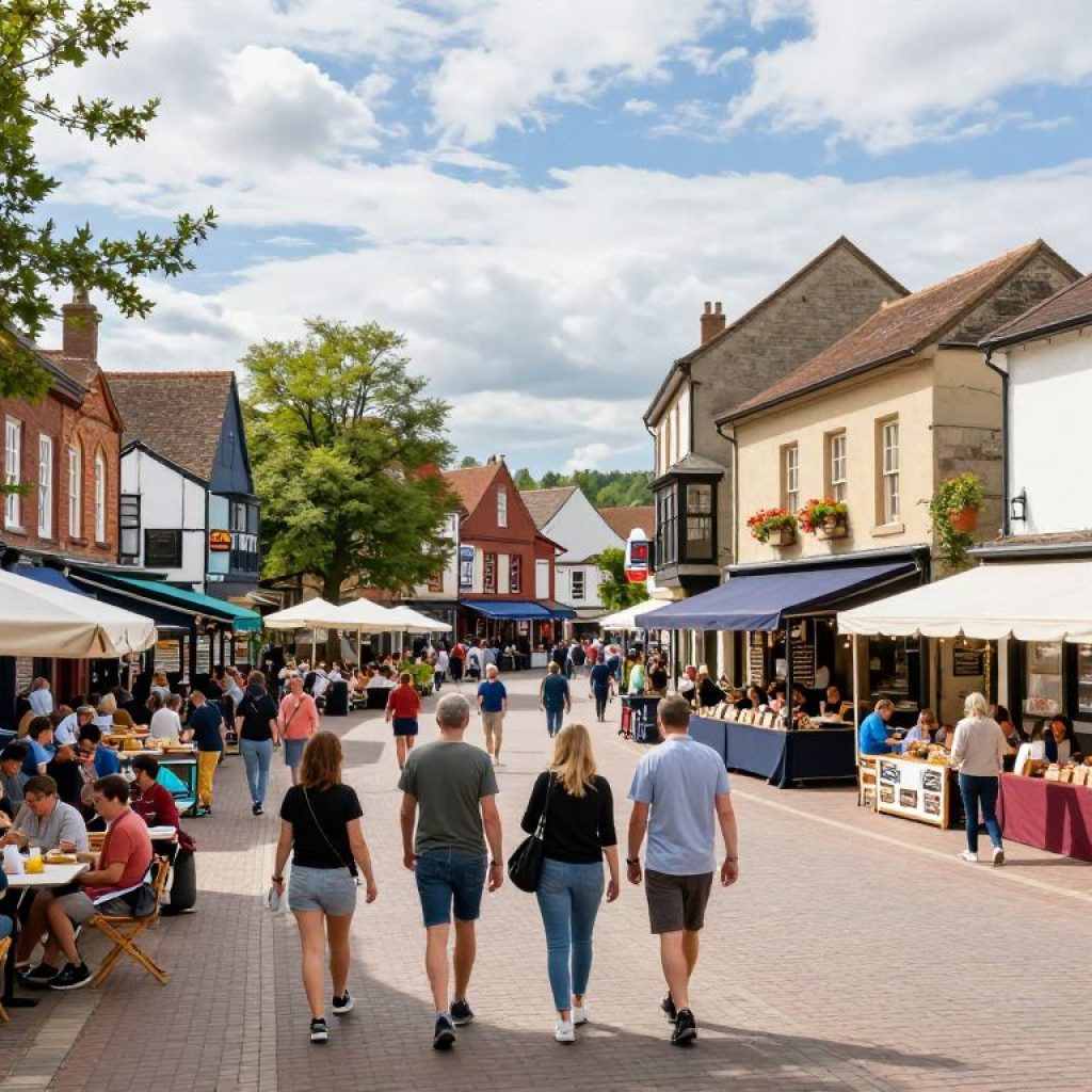 A bustling central square in Bentonville filled with tourists and local businesses.