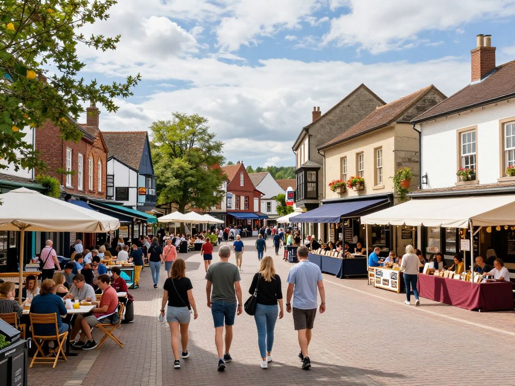 A bustling central square in Bentonville filled with tourists and local businesses.