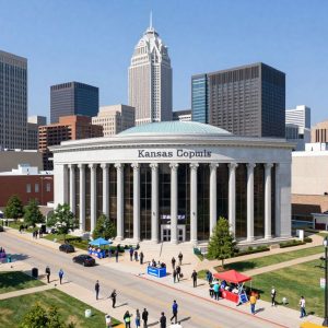 Kansas City skyline with Busey Bank building and community events