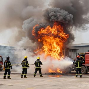 Firefighters extinguishing a fire at the Cargill soybean plant in Kansas City.