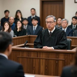 A courtroom scene during a bond hearing, with a judge and audience present.