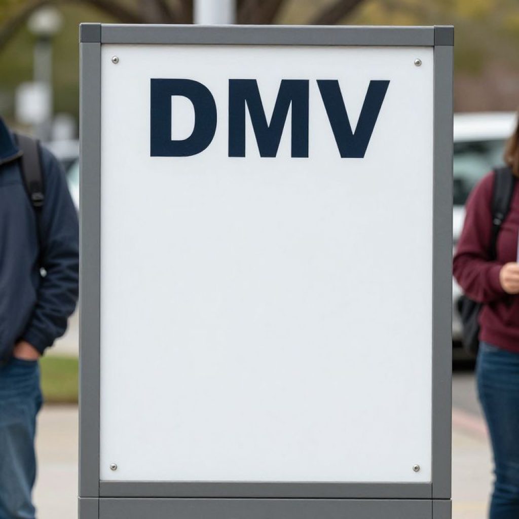 Closed DMV office sign with frustrated residents outside