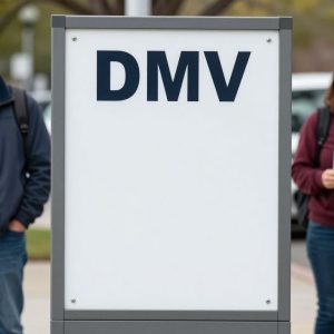 Closed DMV office sign with frustrated residents outside