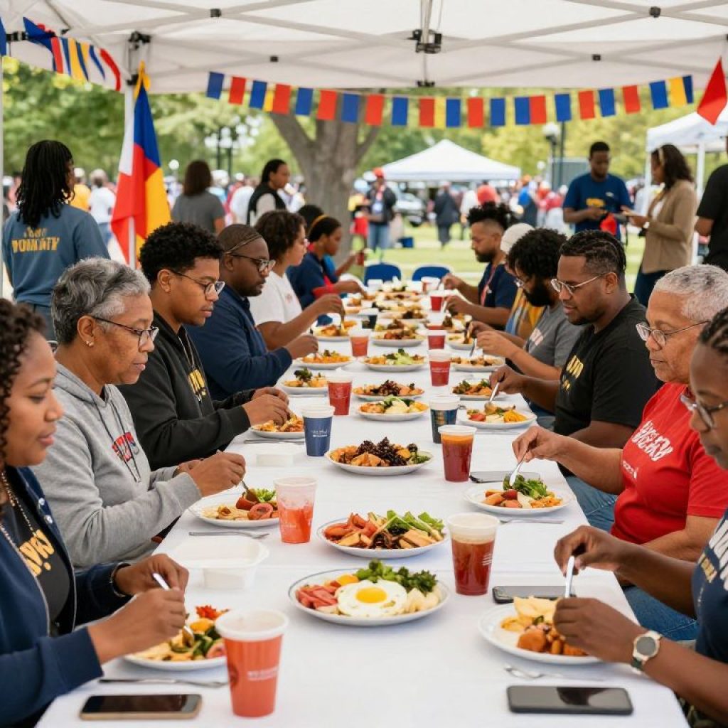 Community gathering for Dr. Martin Luther King Jr. Day celebration with people sharing a meal.