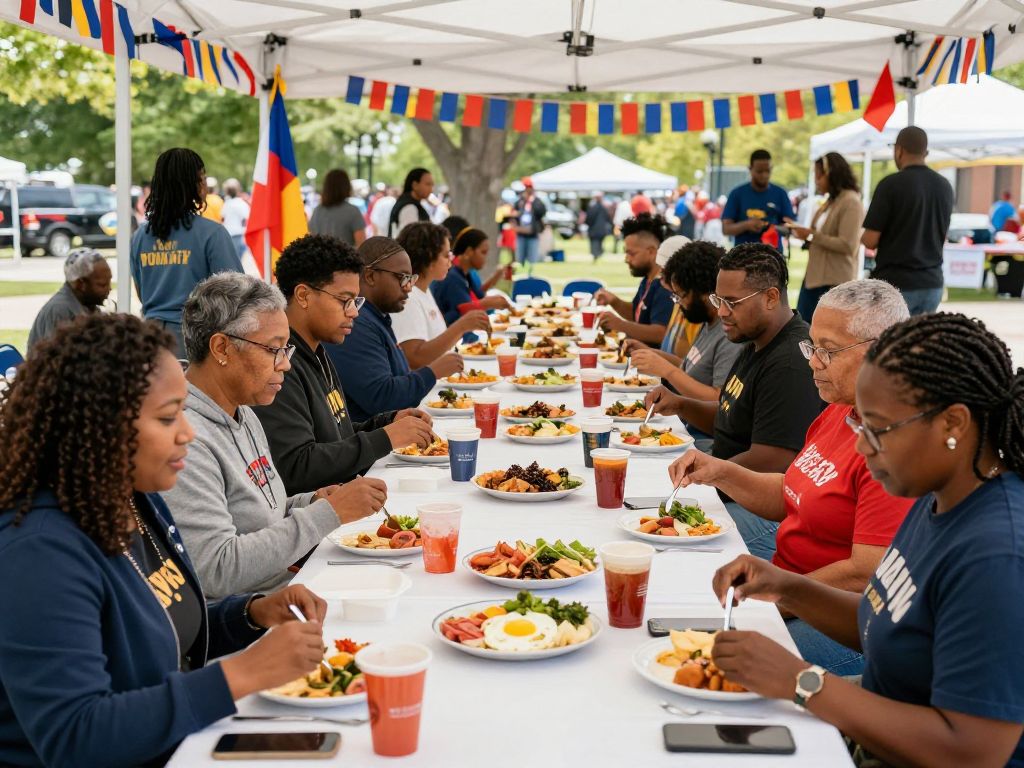 Community gathering for Dr. Martin Luther King Jr. Day celebration with people sharing a meal.