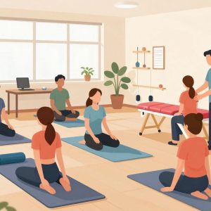Corporate wellness program activities in an office setting