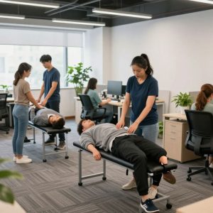 Employees enjoying wellness activities in their office