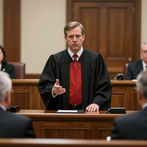 Courtroom scene showing a judge and defendants during sentencing