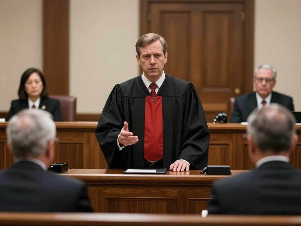 Courtroom scene showing a judge and defendants during sentencing
