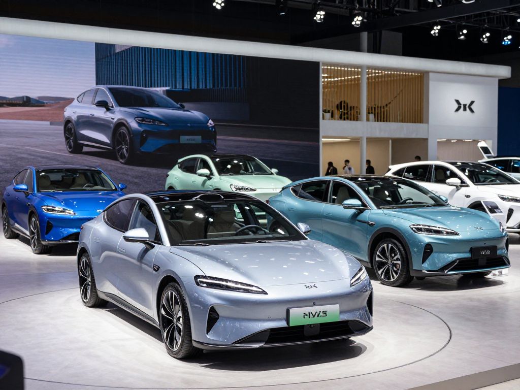 Various electric, hybrid, and gasoline vehicles displayed at the Detroit Auto Show.