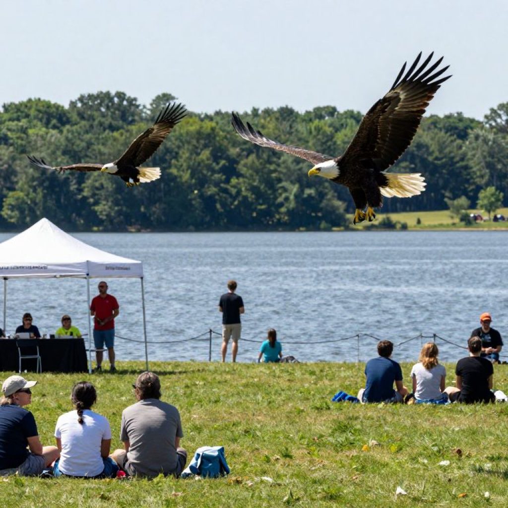 Families enjoying Eagle Days at Wyandotte County Lake with bald eagles in the background