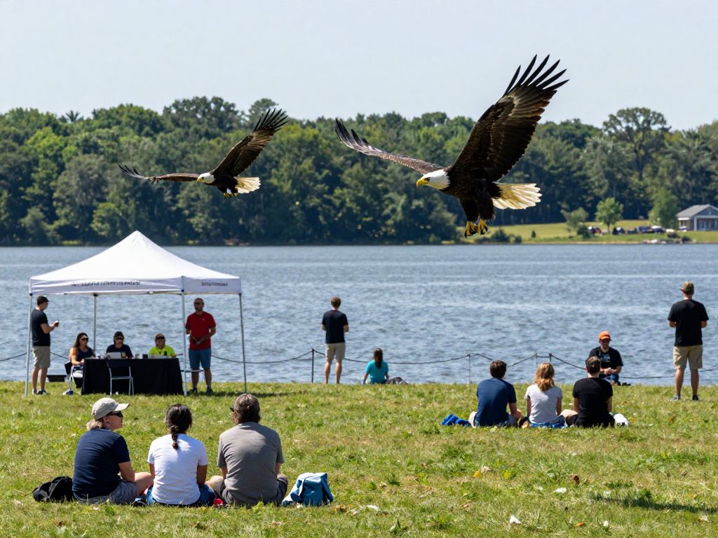 Families enjoying Eagle Days at Wyandotte County Lake with bald eagles in the background